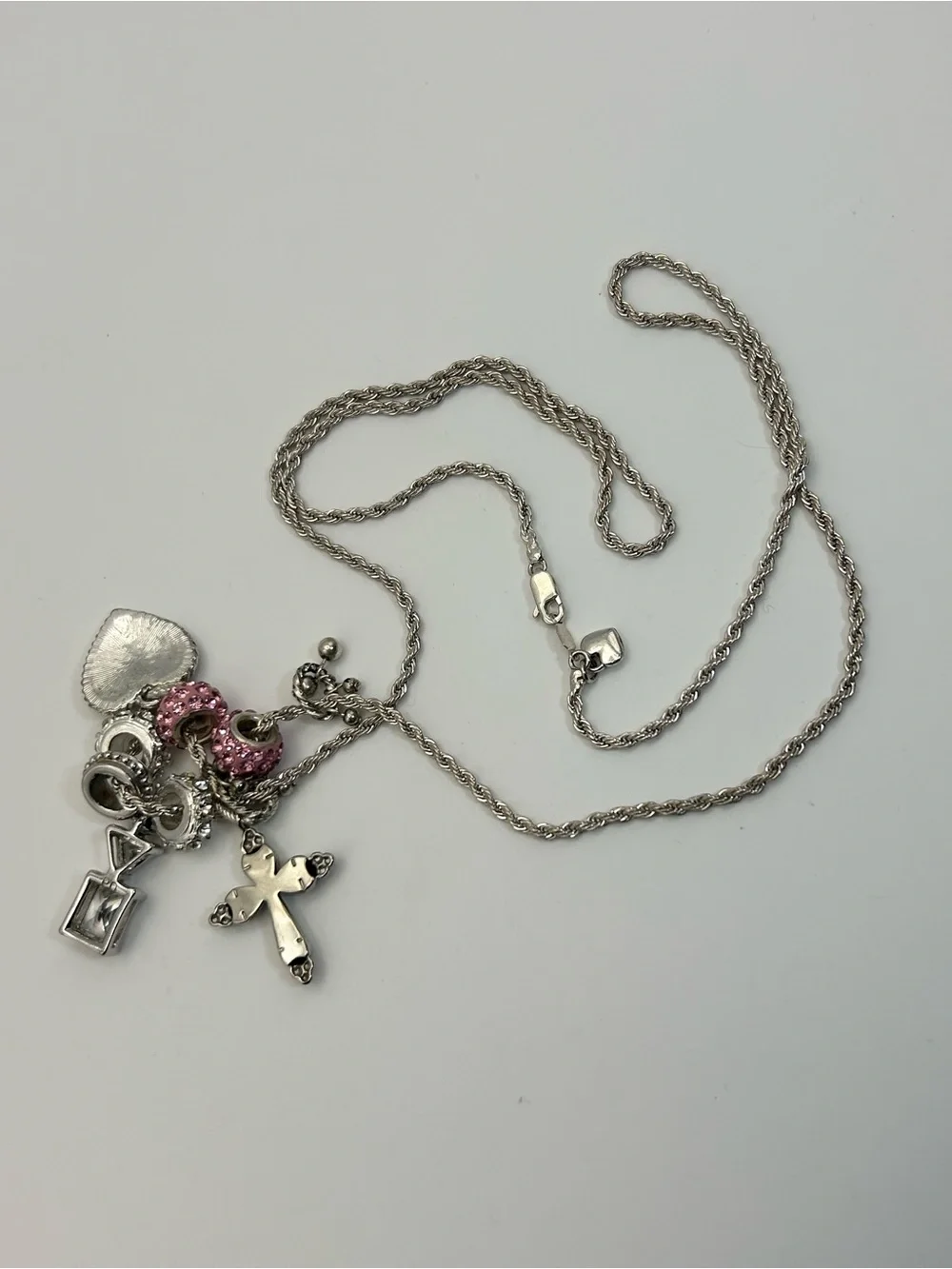 Sparkling Pink Crystals Charm Necklace Silver-tone Cross 30